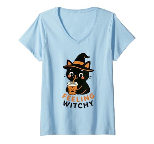 Damen Halloween Katze Kostüm Katzen T-Shirt mit V-Ausschnitt Damen Halloween Katze Kostüm Katzen T-Shirt mit V-Ausschnitt von Hexe Geist Spruch Geschenkidee