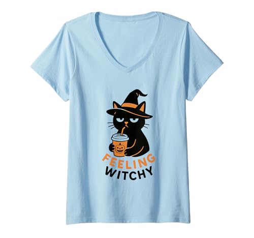 Damen Halloween Katze Kostüm T-Shirt mit V-Ausschnitt Damen Halloween Katze Kostüm T-Shirt mit V-Ausschnitt von Hexe Geist Spruch Geschenkidee