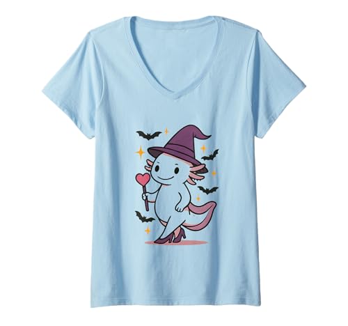Damen Halloween Axolotl Kostüm T-Shirt mit V-Ausschnitt Damen Halloween Axolotl Kostüm T-Shirt mit V-Ausschnitt von Hexe Geister Spruch Geschenkidee