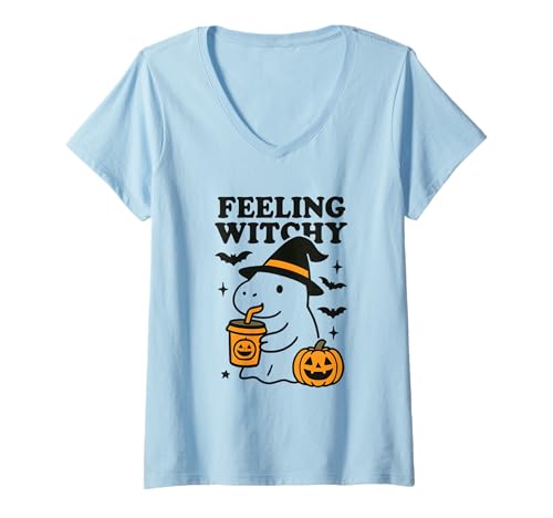 Damen Halloween Capybara Geist Kostüm T-Shirt mit V-Ausschnitt Damen Halloween Capybara Geist Kostüm T-Shirt mit V-Ausschnitt von Hexe Geister Spruch Geschenkidee