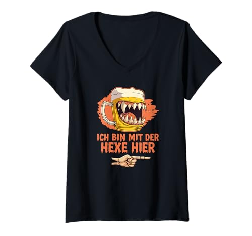 Damen Ich Bin mit der Hexe Hier, Partner Kostüm Bier Halloween T-Shirt mit V-Ausschnitt Damen Ich Bin mit der Hexe Hier, Partner Kostüm Bier Halloween T-Shirt mit V-Ausschnitt von Hexen Gothic Kleidung Damen Zubehör Geschenke