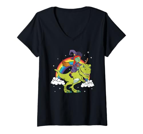 Damen Hexe Halloween Dinosaurier Tyrannosaurus T-Rex Regenbogen T-Shirt mit V-Ausschnitt Damen Hexe Halloween Dinosaurier Tyrannosaurus T-Rex Regenbogen T-Shirt mit V-Ausschnitt von Hexendino Action