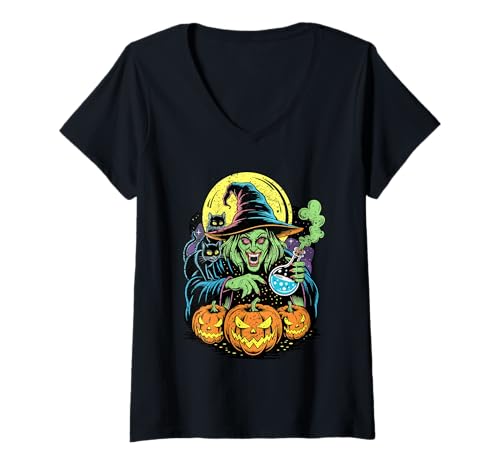 Damen Grüner Hexentrank Schwarze Katzen Kürbisse Vollmond Halloween T-Shirt mit V-Ausschnitt Damen Grüner Hexentrank Schwarze Katzen Kürbisse Vollmond Halloween T-Shirt mit V-Ausschnitt von HexxLab