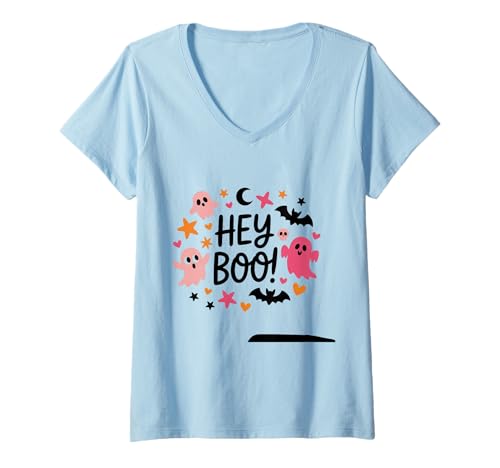 Damen Hey Boo Shirt, niedliche rosa-orange Ghost Stars Totenköpfe, Fledermäuse T-Shirt mit V-Ausschnitt Damen Hey Boo Shirt, niedliche rosa-orange Ghost Stars Totenköpfe, Fledermäuse T-Shirt mit V-Ausschnitt von Hey Boo Ghost Tee Shirts for Halloween Cuties