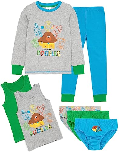 Hey Duggee 7 Stück Pyjamas Set Kinder | Graues T-Shirt Blaue Leggings Pjs 2 Westen 3 Unterwäsche Hosen Roly Tag Norrie Glückliche Charaktere Doodles Grafik von Hey Duggee