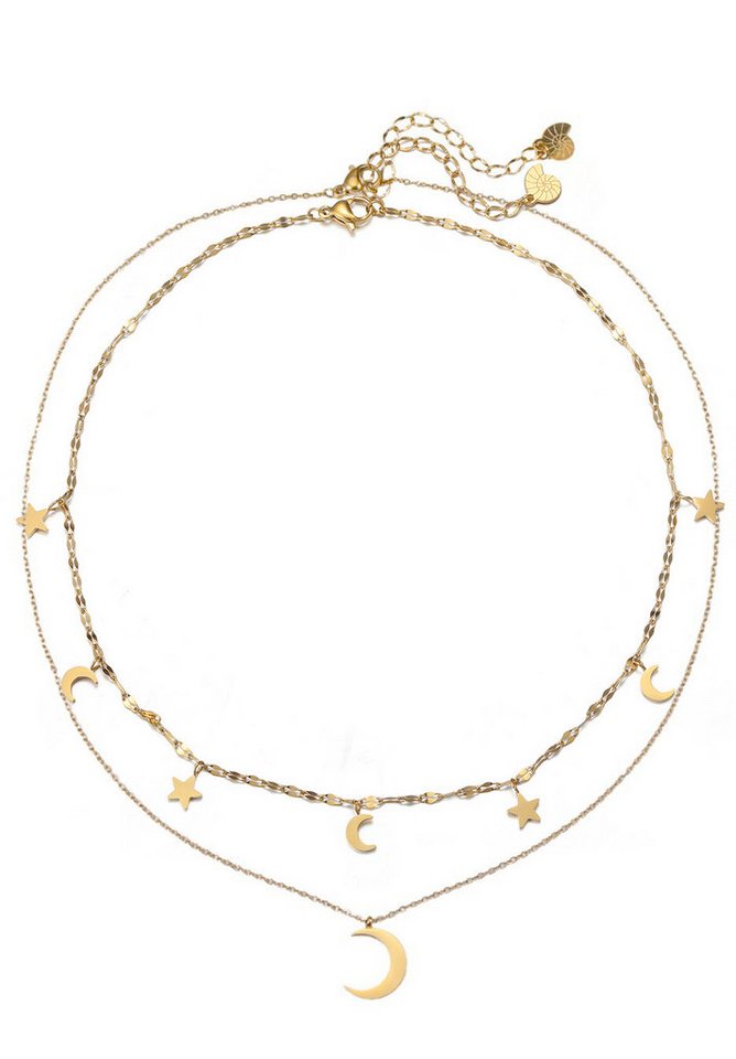 Hey Happiness Charm-Ketten-Set Layer Astro 2-tlg., vergoldetes 18K Roségold Set, Hängende Mond Stern Anhänger Ketten Damen, wasserfest von Hey Happiness