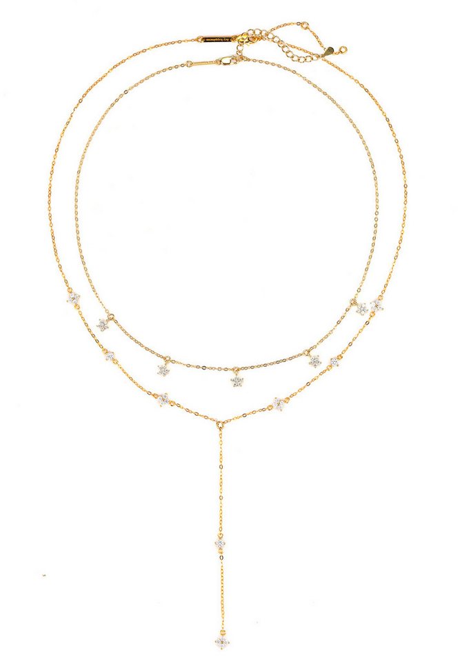 Hey Happiness Charm-Ketten-Set Layer Prächtige Blumen, 925 Silber Damen Halsketten Zirkonia, 18K Gold, 2er Silberketten Anhänger Blüte Kristall klein hängend, Brautschmuck von Hey Happiness