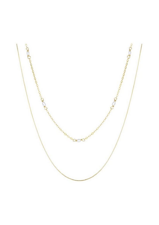 Hey Happiness Collier-Set 2er Layer Ketten Weiße Perlen, Vergoldet 18K, Ketten Set Damen Silber 925 2-tlg., Brautschmuck von Hey Happiness