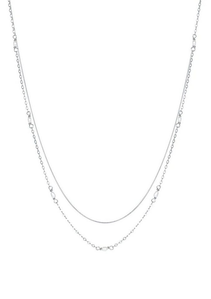Hey Happiness Collier-Set 2er Layer Ketten Weiße Perlen, Vergoldet 18K, Ketten Set Damen Silber 925 2-tlg., Brautschmuck von Hey Happiness