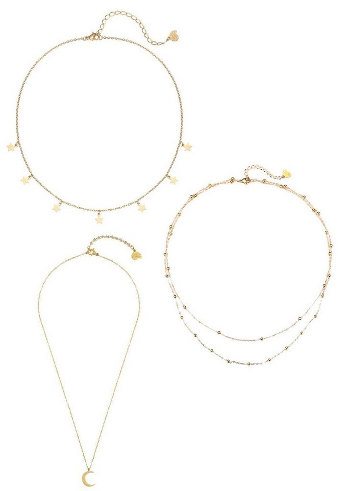 Hey Happiness Collier-Set 3er Layer Damen Edelstahl, Kugelkette 18K Roségold vergoldet, 3-tlg. Schmuckset Mond Stern Erbskette hängend, wasserfest von Hey Happiness