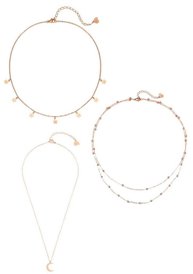 Hey Happiness Collier-Set 3er Layer Damen Edelstahl, Kugelkette 18K Roségold vergoldet, 3-tlg. Schmuckset Mond Stern Erbskette hängend, wasserfest von Hey Happiness