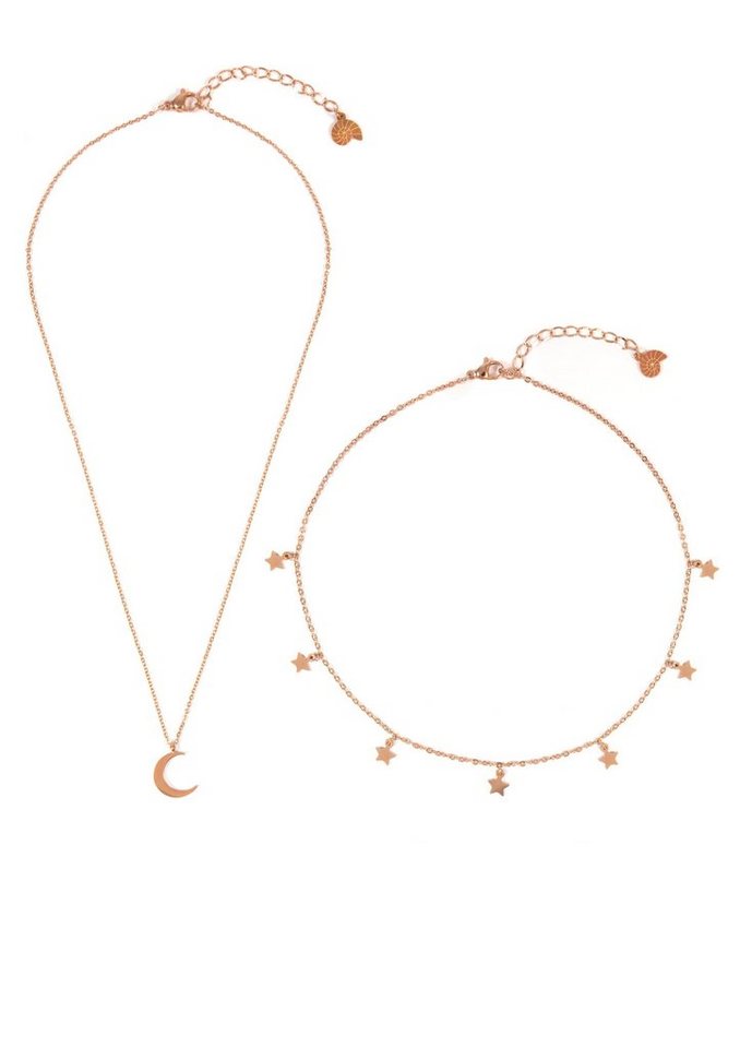 Hey Happiness Collier-Set 2er Layer Stern Mond Anhänger, wasserfest, Edelstahl Damen Halskette Halbmond Stern hängend, 18K Gold Roségold von Hey Happiness