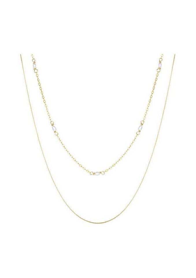 Hey Happiness Collier-Set 2er Layer Ketten Perlen weiß, Vergoldet 18K, Ketten Set Damen Silber 925 2-tlg., Brautschmuck von Hey Happiness