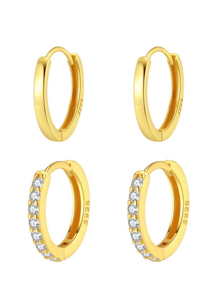 Hey Happiness Creolen-Set 4er Basic Layer, Ohrring-Set Silber 925 Damen, 2 Paare, Runde klassische Silber Ohrringe Kristalle, 18K vergoldet von Hey Happiness