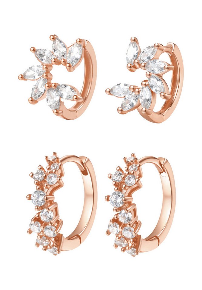 Hey Happiness Creolen-Set Layer Kristalle Silber 925 Damen, 2 Paare 4-tlg., Silberohrringe Blume Zirkonia, Vergoldet 18K Roségold von Hey Happiness