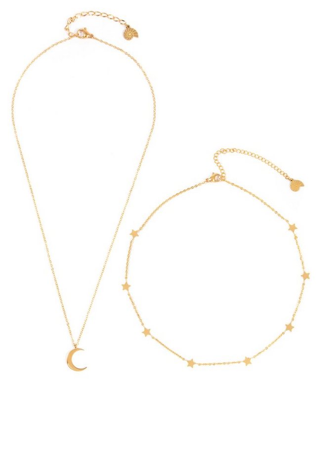 Hey Happiness Edelstahlketten-Set 2er Layer Damen Mond Stern hängend, 18K Roségold vergoldet (Set), Halbmond hängend Halskette, Stern Choker, Schmuckset wasserfest von Hey Happiness