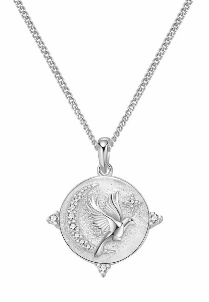 Hey Happiness Freundschaftskette Gravur Fearless, Damen Halskette Silber 925 Vogel Mond mit Bedeutung, Statementkette Anhänger Platte Sterne Zirkonia, 18K Gold Glücksbringer von Hey Happiness