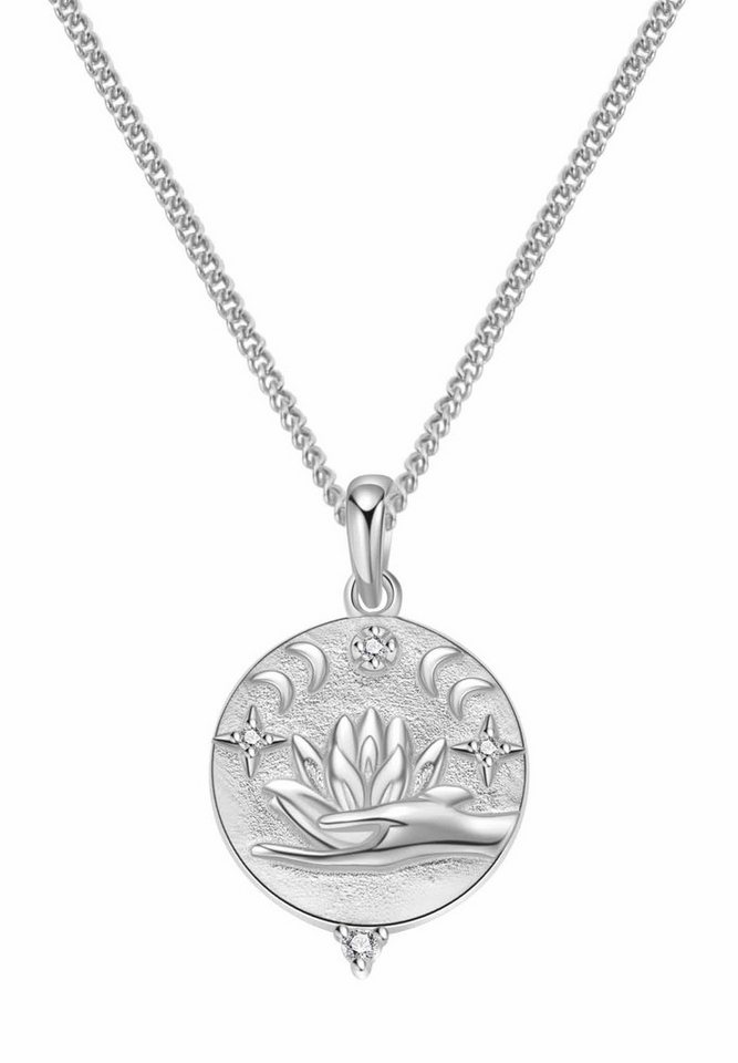 Hey Happiness Kette mit Anhänger mit Gravur Faith, Damen Statementkette Silber 925 Lotusblume mit Bedeutung, Halskette Anhänger Stern Mond Zirkonia, 18K vergoldet Glücksbringer von Hey Happiness