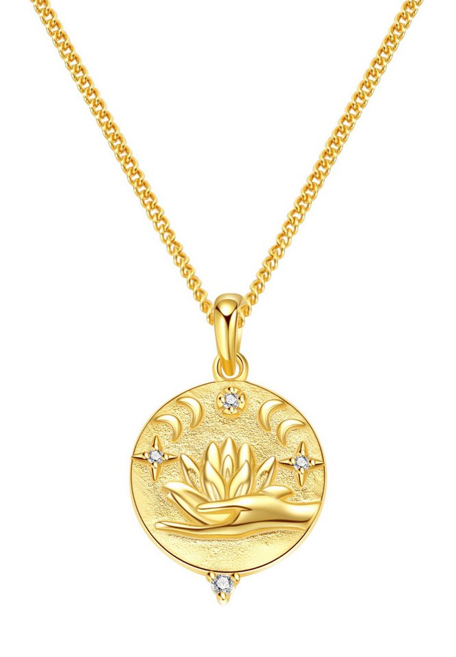 Hey Happiness Kette mit Anhänger mit Gravur Faith, Damen Statementkette Silber 925 Lotusblume mit Bedeutung, Halskette Anhänger Stern Mond Zirkonia, 18K vergoldet Glücksbringer von Hey Happiness