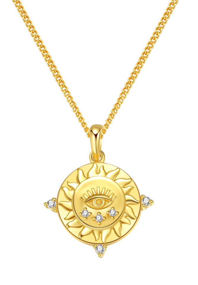 Hey Happiness Kette mit Gravur Protection, Damen Statementkette Silber 925 Nazar Auge mit Bedeutung, Halskette Anhänger Plättchen Sonne Zirkonia, 18K Gold Glücksbringer von Hey Happiness