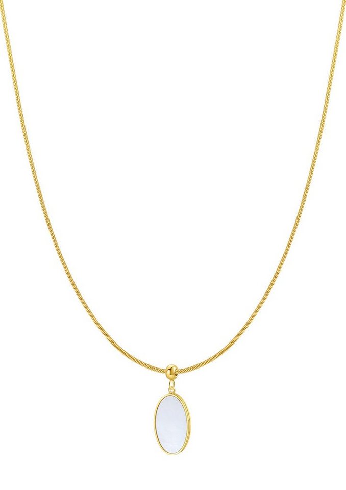 Hey Happiness Lange Kette Edelstahl Damen, Perlmutt Platte oval hängend, 18K Gold Roségold Schlangenkette Medaillon Plättchen, wasserfest von Hey Happiness