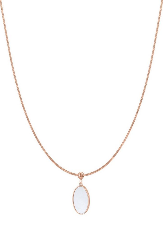 Hey Happiness Lange Kette Edelstahl Damen, Perlmutt Platte oval hängend, 18K Gold Roségold Schlangenkette Medaillon Plättchen, wasserfest von Hey Happiness