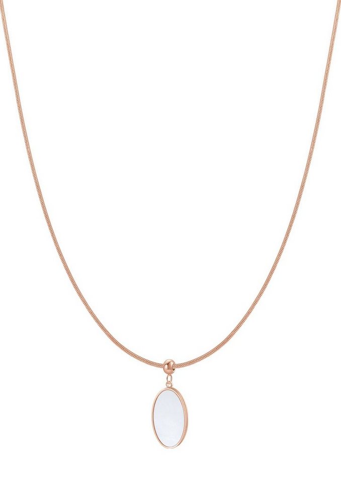 Hey Happiness Lange Kette Edelstahl Damen, Perlmutt Platte oval hängend, 18K Gold Roségold Schlangenkette Medaillon Plättchen, wasserfest von Hey Happiness