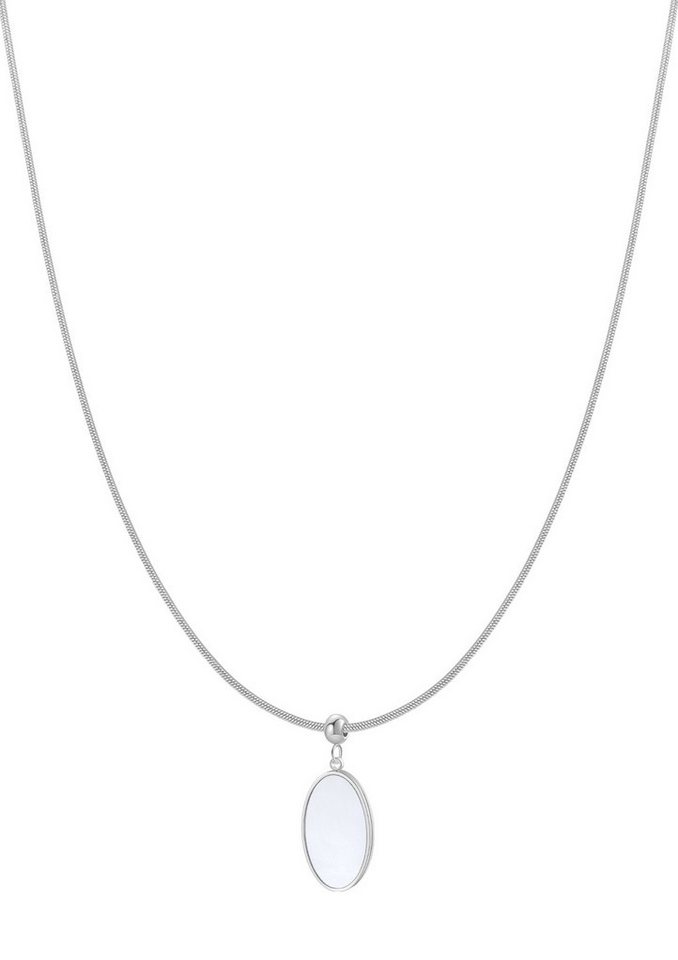 Hey Happiness Lange Kette Edelstahl Damen, Perlmutt Platte oval hängend, 18K Gold Roségold Schlangenkette Medaillon Plättchen, wasserfest von Hey Happiness