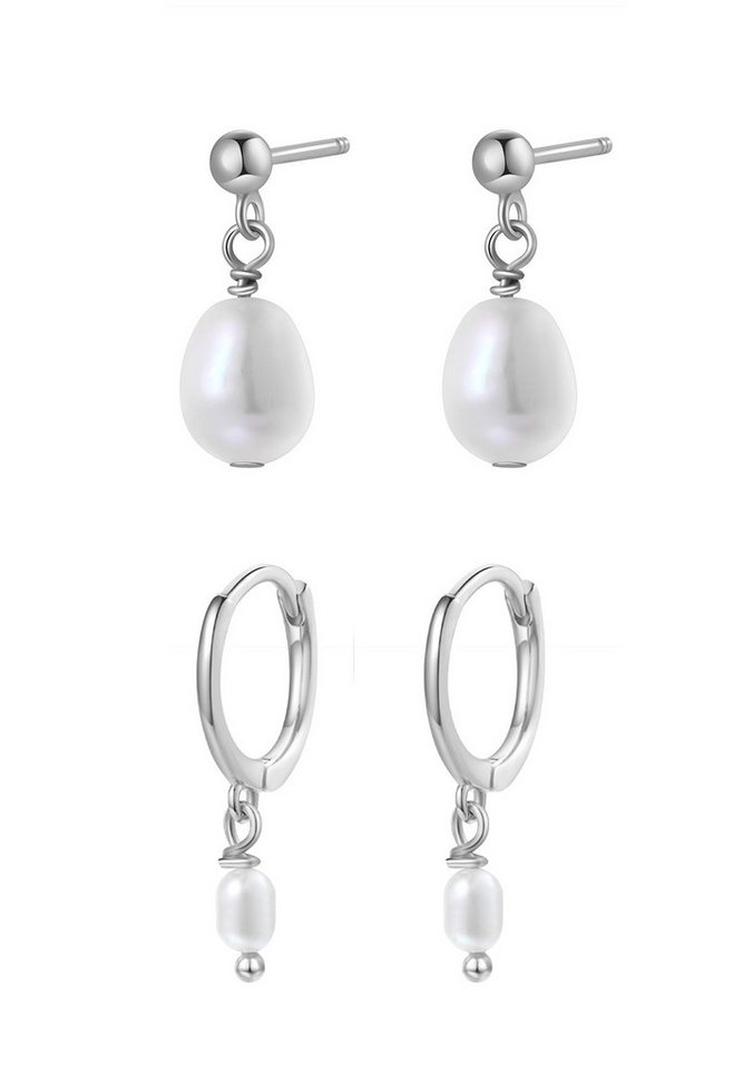 Hey Happiness Ohrhänger-Set Creolen und Perlenstecker, Edles 4er Damenset, 925er Silber mit Perlenanhängern von Hey Happiness