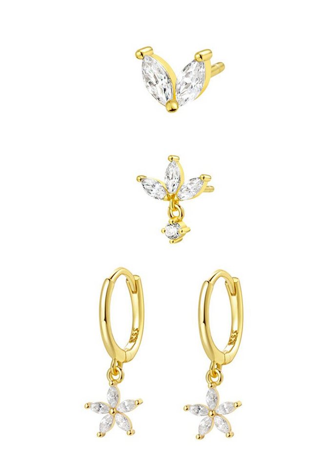 Hey Happiness Ohrring-Set Layer Blumen & Kristalle, 4‑teilig, Layer Ohrring‑Set Damen, 925 Silber vergoldet von Hey Happiness