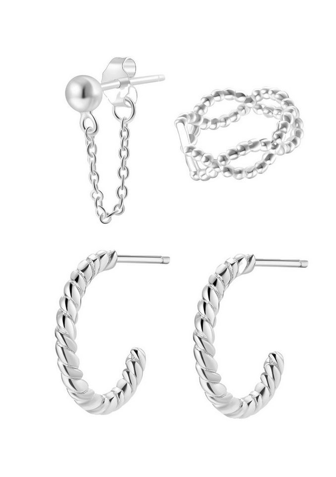 Hey Happiness Ohrring-Set 4er Damen Silber 925, Kugel Ohrklemme, Kette Stecker, Creolen Twist, ‚Anmut‘ Silber Ohrringe Layer Set stapelbar, 18K vergoldet von Hey Happiness