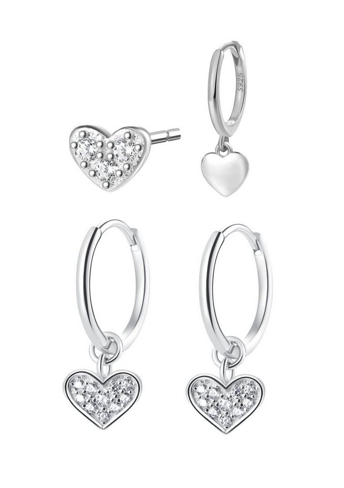 Hey Happiness Ohrring-Set 4er Damen Silber 925 Herz Love Kristalle, 18K vergoldet, 4-tlg. Layer Silber Herz Creolen Ohrstecker Zirkonia, Geschenk Idee von Hey Happiness