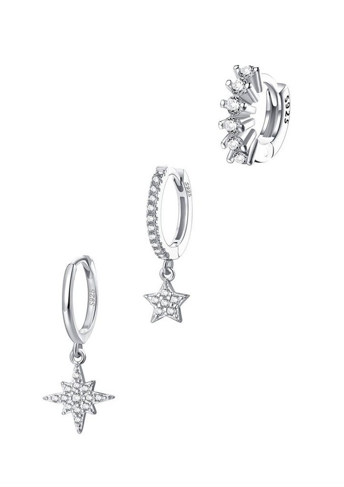 Hey Happiness Ohrring-Set 6er Damen Silber 925 Nord Stern Kristall hängend, 18K vergoldet, Layer Silber Creolen Stern Helix Zirkon klein, Geschenk Idee von Hey Happiness