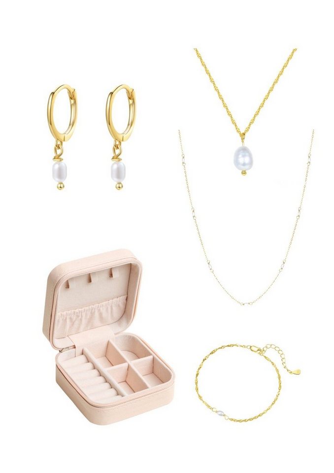 Hey Happiness Ohrring und Ketten Set Armband Perlen 5er Layer Silber 925 Damen in Etui, 18K Gold (Set, Perlenohrringe, filigranes Armband, Schmuckorganizer, 2 Ketten), Naturperlen Halsketten Armkette Creolen Perle, Brautschmuck von Hey Happiness