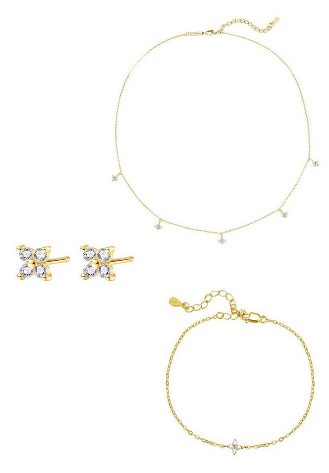 Hey Happiness Ohrring und Ketten Set Armband Silber 925 Damen Blume Kristalle hängend, 18K vergoldet, Blüte 4er Set Silber Halskette, Ohrstecker klein, Armkette Zirkonia von Hey Happiness