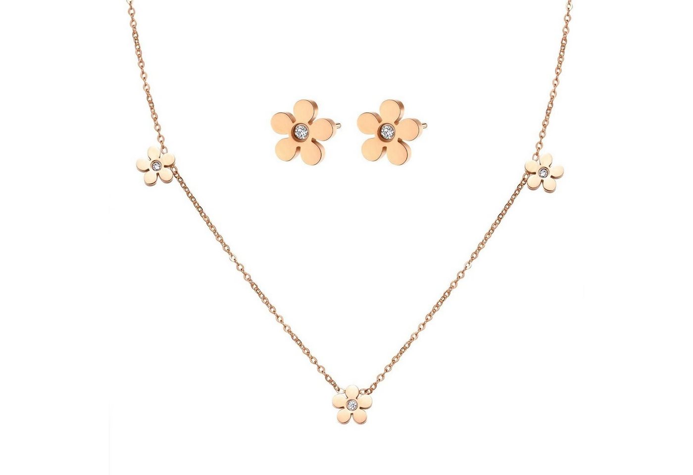 Hey Happiness Ohrring und Ketten Set Blume Kristall klein, 18K Roségold vergoldet, Layer Set Damen Halskette Ohrstecker Blüte Zirkon, wasserfest von Hey Happiness