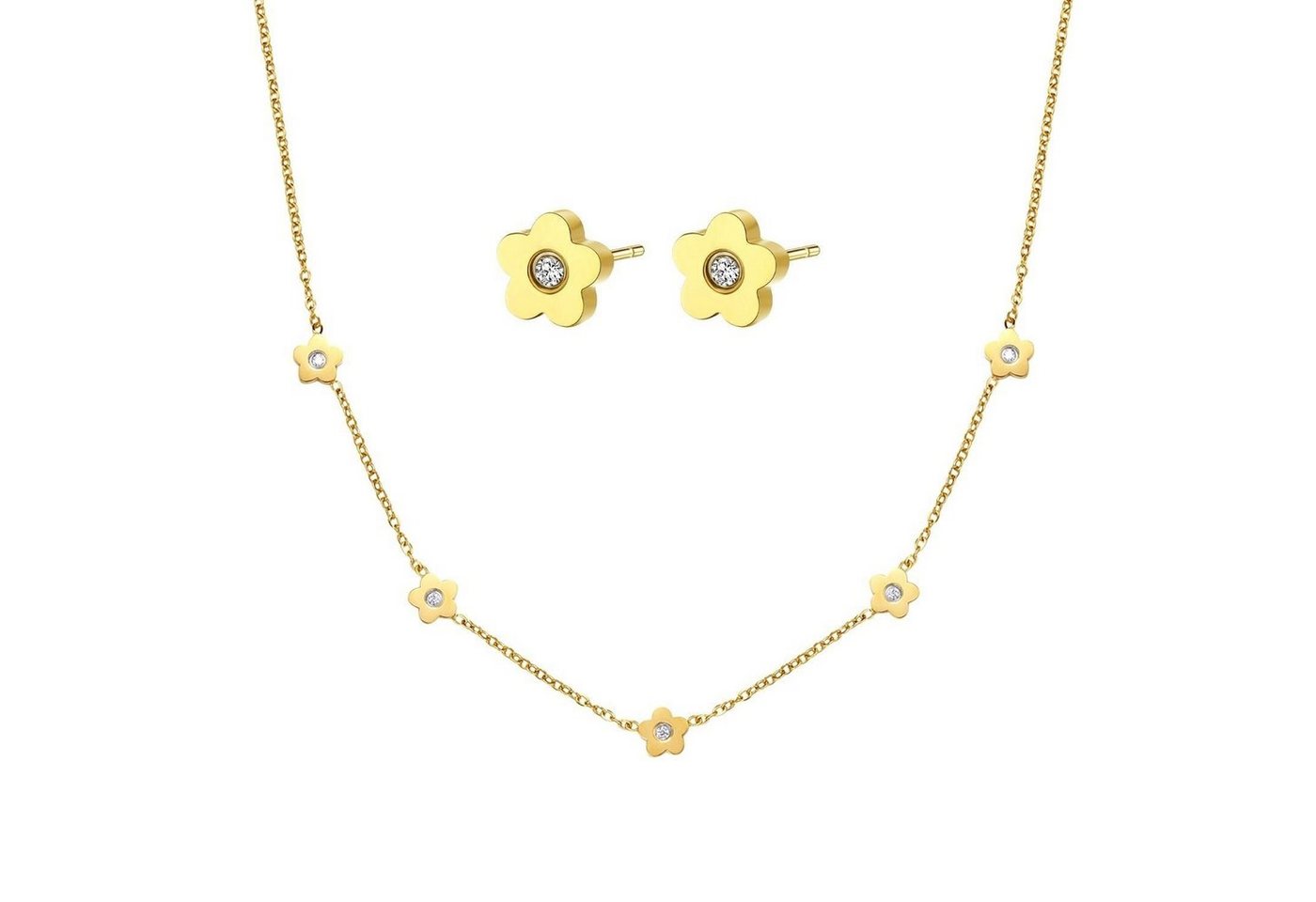 Hey Happiness Ohrring und Ketten Set Damen Layer Blume Anhänger klein, 18K Roségold vergoldet (Halskette+Ohrringe), Edelstahl Kette Ohrstecker 3er Schmuckset Kristall, Geschenk Idee von Hey Happiness