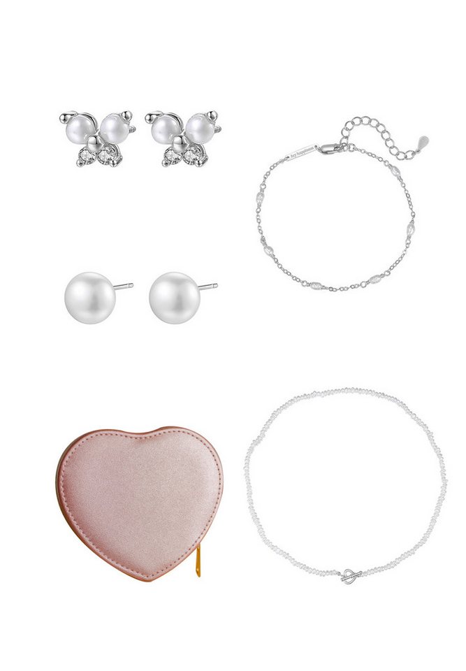 Hey Happiness Ohrring und Ketten Set mit Armband in Etui, 925 Silber Damen Schmuck Perlen, 18K vergoldet, Silber Perle Ketten, Schmetterling Ohrstecker Kristalle klein von Hey Happiness