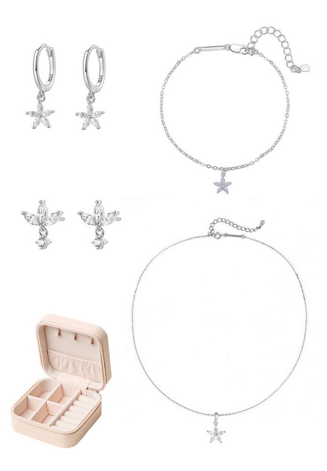 Hey Happiness Ohrring und Ketten Set mit Armband in Etui, 925 Silber Damen Schmuck Zirkonia, 18K vergoldet, Silber Kette Blume hängend, Blüte Ohrringe Kristalle, Ohrstecker klein von Hey Happiness