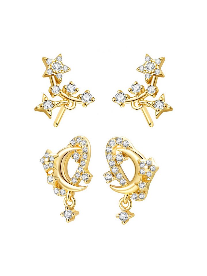 Hey Happiness Ohrstecker-Set 4-teiliges Stern & Mond Schmuckset, Kleine Ohrhänger für Damen, Ohrringe 925 Silber vergoldet von Hey Happiness