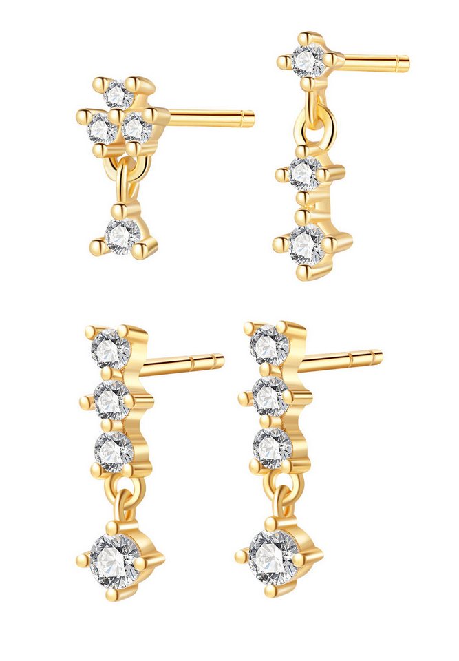 Hey Happiness Ohrstecker-Set 4er Layer Silber 925 Damen, Kettenohrringe Vergoldet 18K, Kleine Silber Tropfen Ohrhänger Kristalle, Geschenk Idee von Hey Happiness