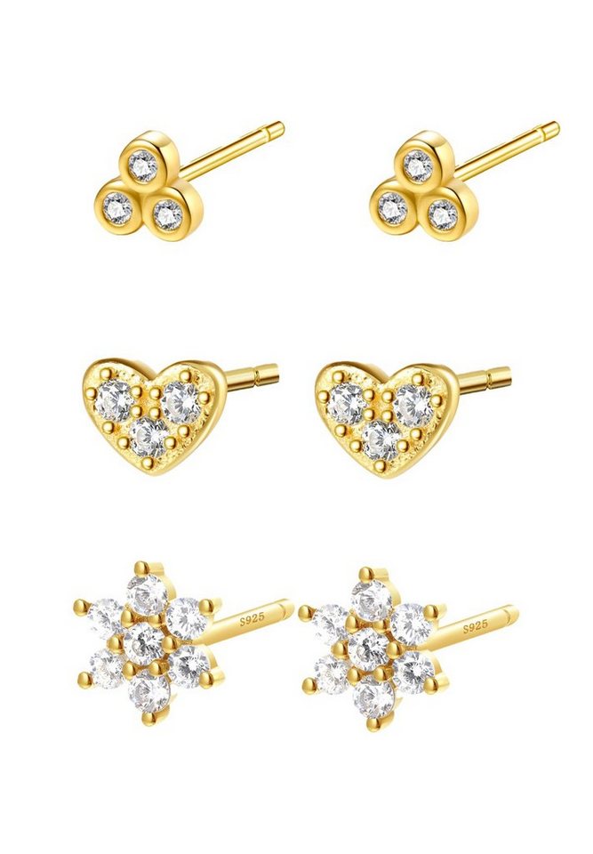 Hey Happiness Ohrstecker-Set Damen 6er Silber 925 Kristalle klein, 18K vergoldet, Layer Ohrringe Herz Blume Trio Zirkonia, Geschenk Idee von Hey Happiness