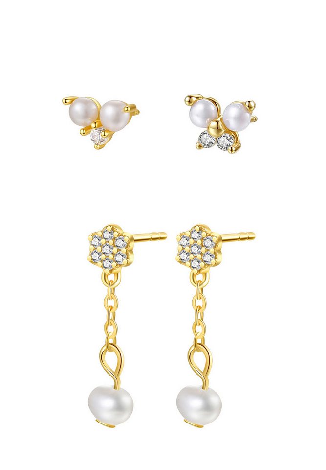 Hey Happiness Ohrstecker-Set Damen 925 Silber Schmetterling und Blumen, 18K vergoldet, Layer Set Kettenohrringe Schmetterling Perlen, Brautschmuck von Hey Happiness