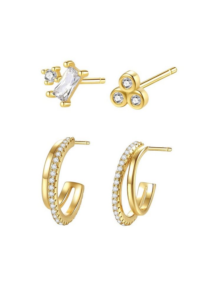 Hey Happiness Ohrstecker-Set Baguette, Creolen & Kristall, 925 Silber vergoldet, 3‑teiliges Ohrstecker-Set Damen, Damenschmuck von Hey Happiness