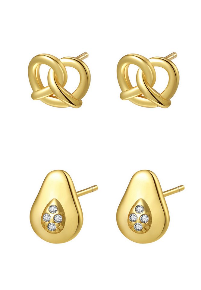 Hey Happiness Ohrstecker-Set Zierliche Brezeln und Avocado, Verspieltes 4er Ohrring-Set, 925 Silber 18K Vergoldet von Hey Happiness