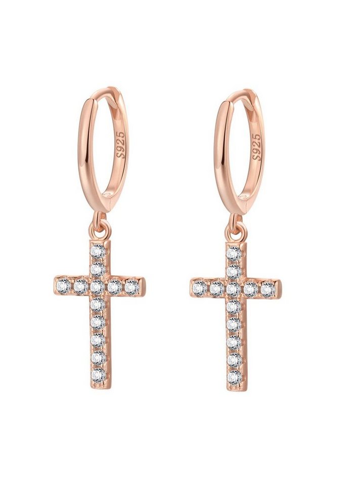 Hey Happiness Paar Creolen Ohrringe Damen Kreuz Anhänger, 18K Roségold vergoldet, Creolen Kreuz Silber 925 Zirkonia hängend, Geschenk Idee von Hey Happiness