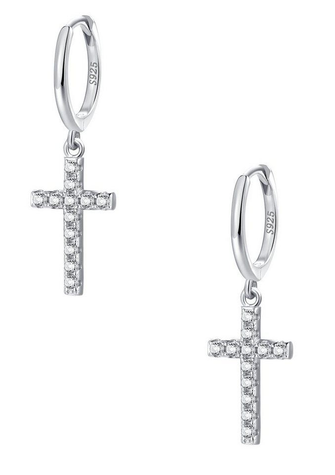 Hey Happiness Paar Creolen Ohrringe Damen Kreuz Anhänger, 18K Roségold vergoldet, Creolen Kreuz Silber 925 Zirkonia hängend, Geschenk Idee von Hey Happiness