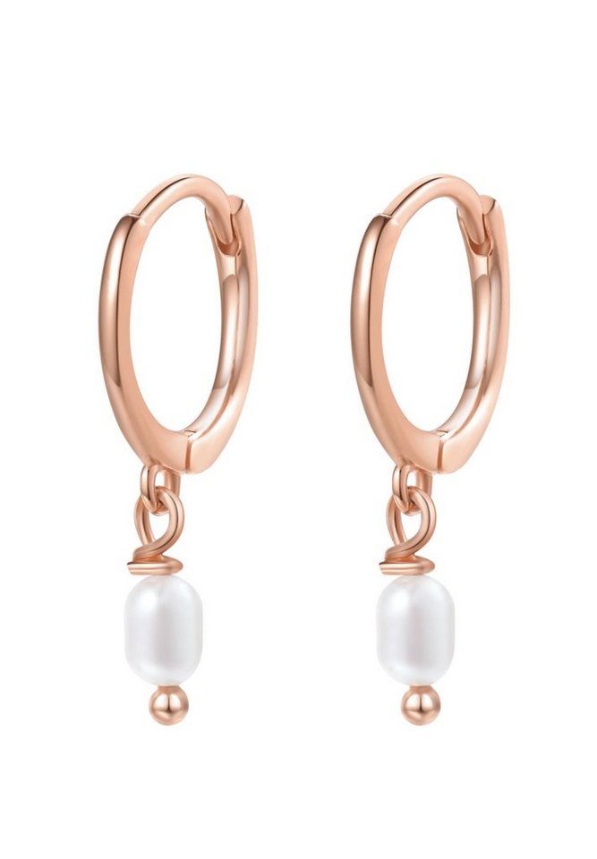 Hey Happiness Paar Creolen Silber 925 Damen, Perle Ohrringe hängend, Creolen Süßwasserperle Anhänger 18K Roségold vergoldet, Brautschmuck von Hey Happiness