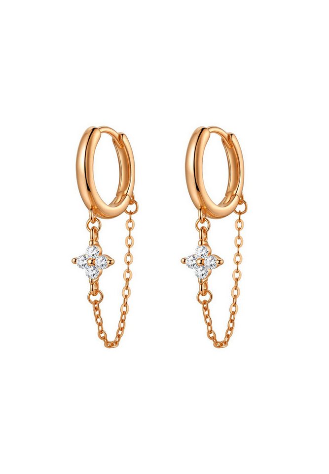 Hey Happiness Paar Ohrhänger Creolen mit Kette & Zirkonia Blume Anhänger, Filigrane Kettenohrringe aus 925 Sterling Silber, vergoldet von Hey Happiness