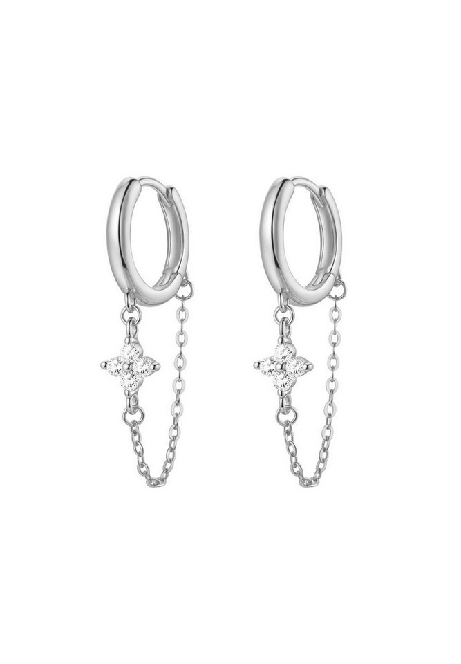 Hey Happiness Paar Ohrhänger Creolen mit Kette & Zirkonia Blume Anhänger, Filigrane Kettenohrringe aus 925 Sterling Silber, vergoldet von Hey Happiness